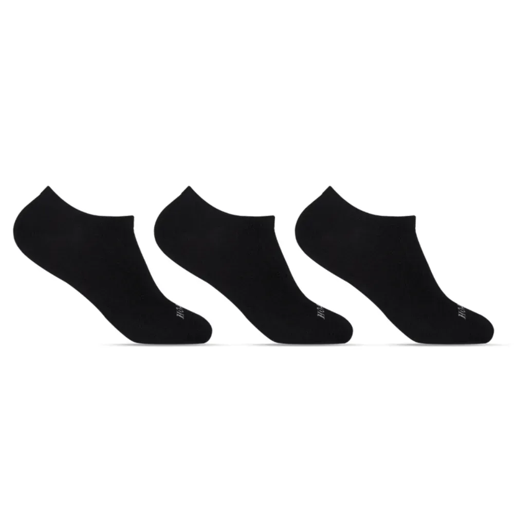 Três pares de meias masculinas pretas cano invisível Hoahi em fundo branco